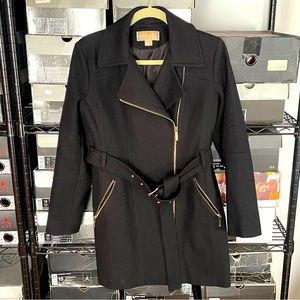 Michael Kors Wool Blend Belted Coat Black & Gold sz 4 women’s
